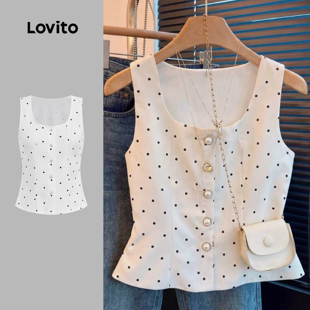 Lovito Elegante Top com Botão Na Frente Padrão para O Dia a Dia Top de Primavera/verão L195ED352