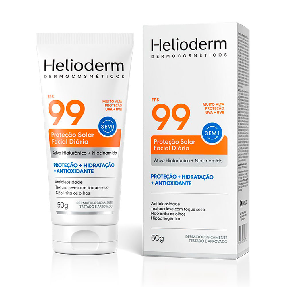 Protetor Solar Facial Diária Helioderm FPS 99 3 em 1 com Ativo Hialurônico e Niacinamida 50g