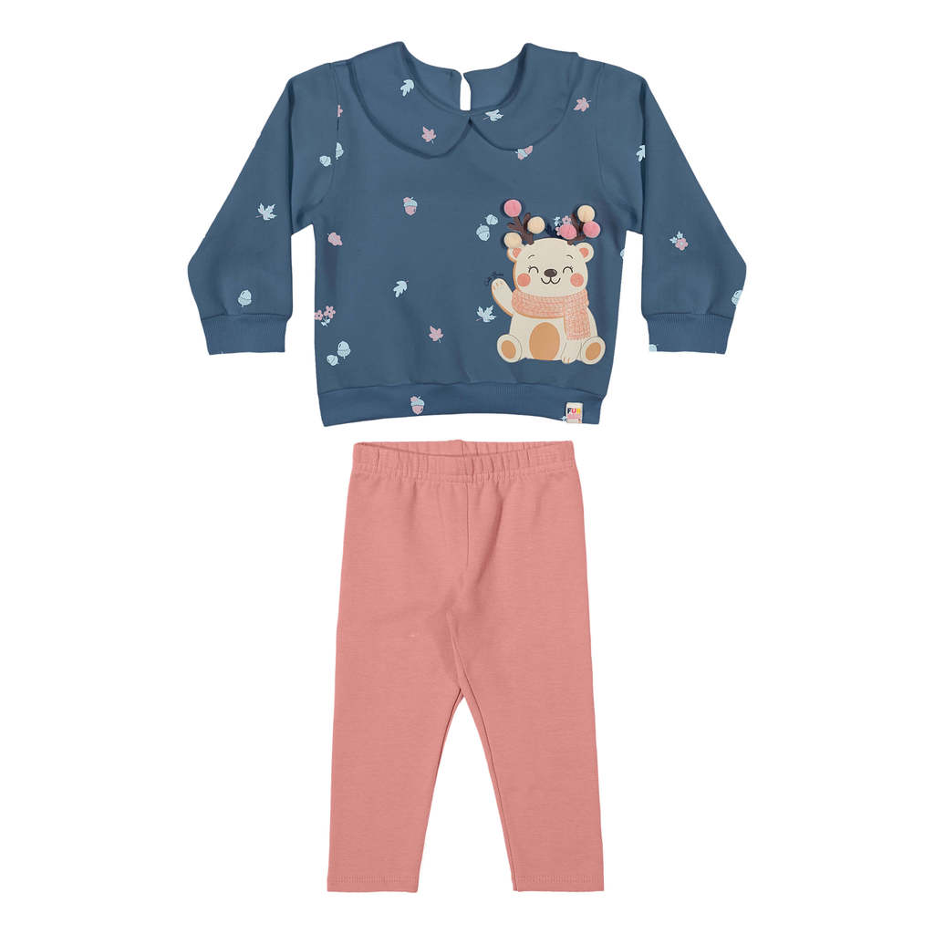 Conjunto Bebê Menina Ursinho Com Pompons Elian Azul