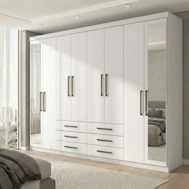 Guarda Roupa Casal com Espelhos 8 Portas e 6 Gavetas Master Branco Branco
