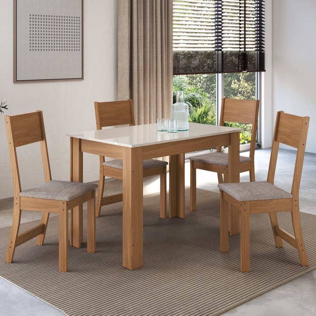 Conjunto Sala de Jantar 1 Mesa 4 Cadeiras Versalhes Amarelo/Freijó/Off-White Freijó/Off White