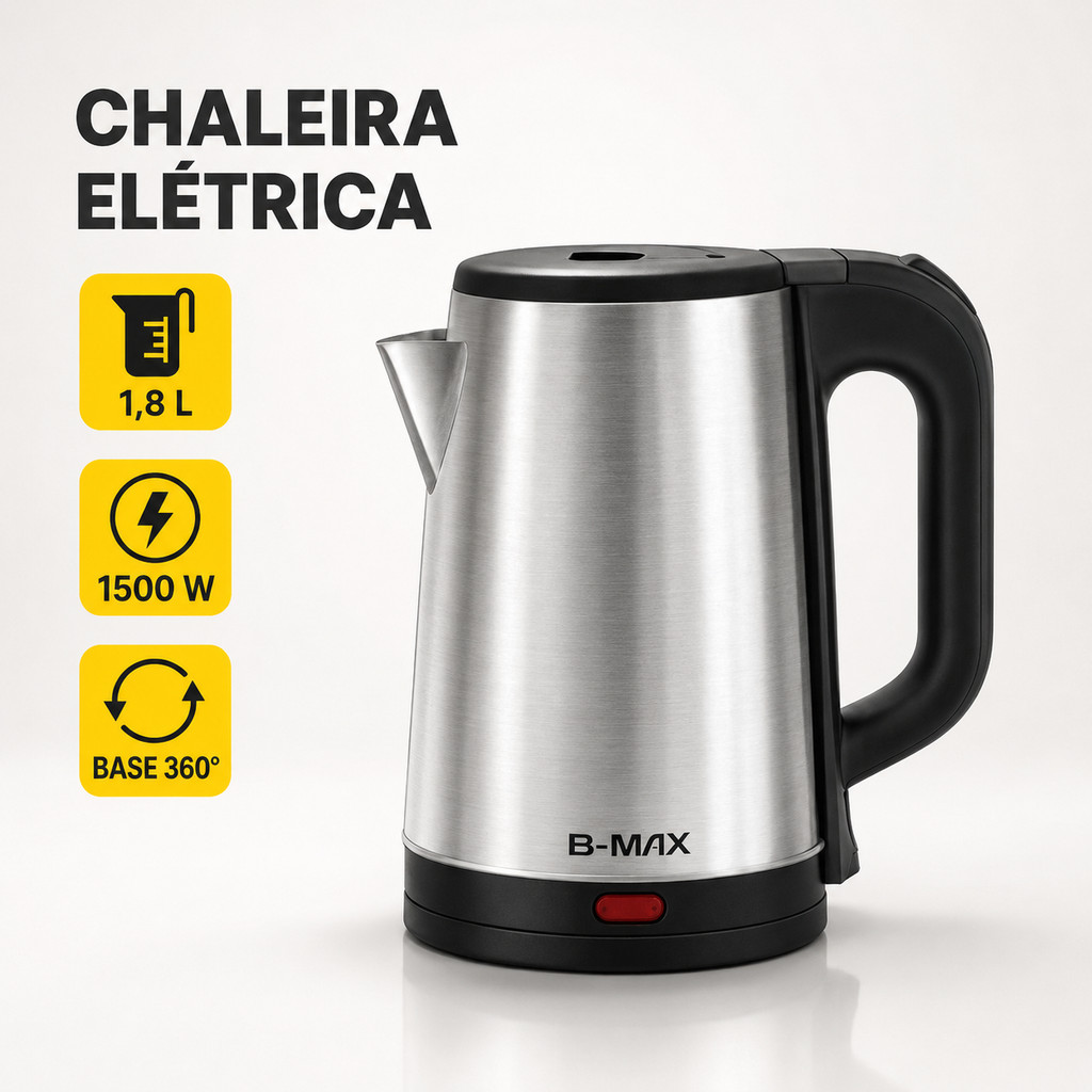 Chaleira Elétrica Inox 1,8L 1500W com Base Giratória 360° e Desligamento Automático 127V/220V