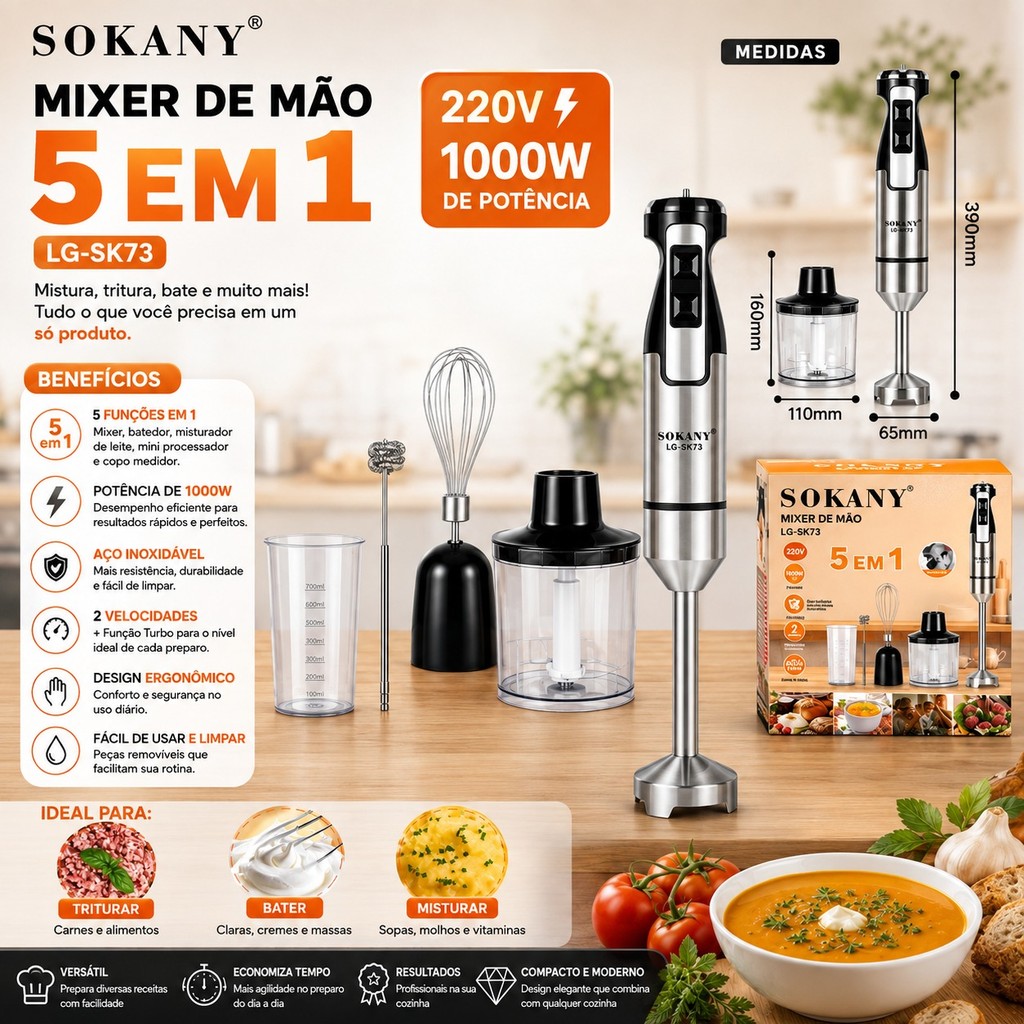 Mixer De Mão Sokany 5 Em 1 LG-SK73 Eletrico 1000W 220V