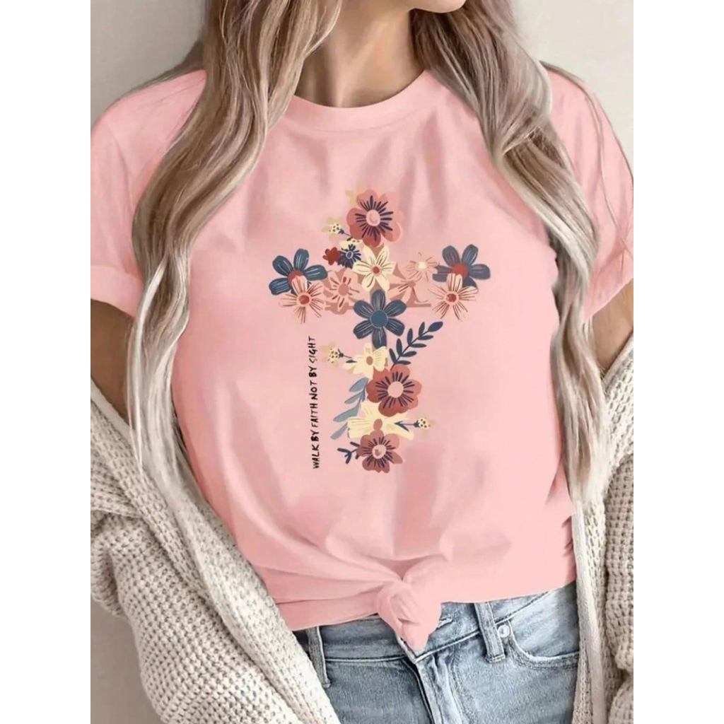 Camiseta Feminina Estilosa Moderna Casual 100% Algodão Tecido Confortável Estampa Suave Streetwear Modelo: Walk by Faith