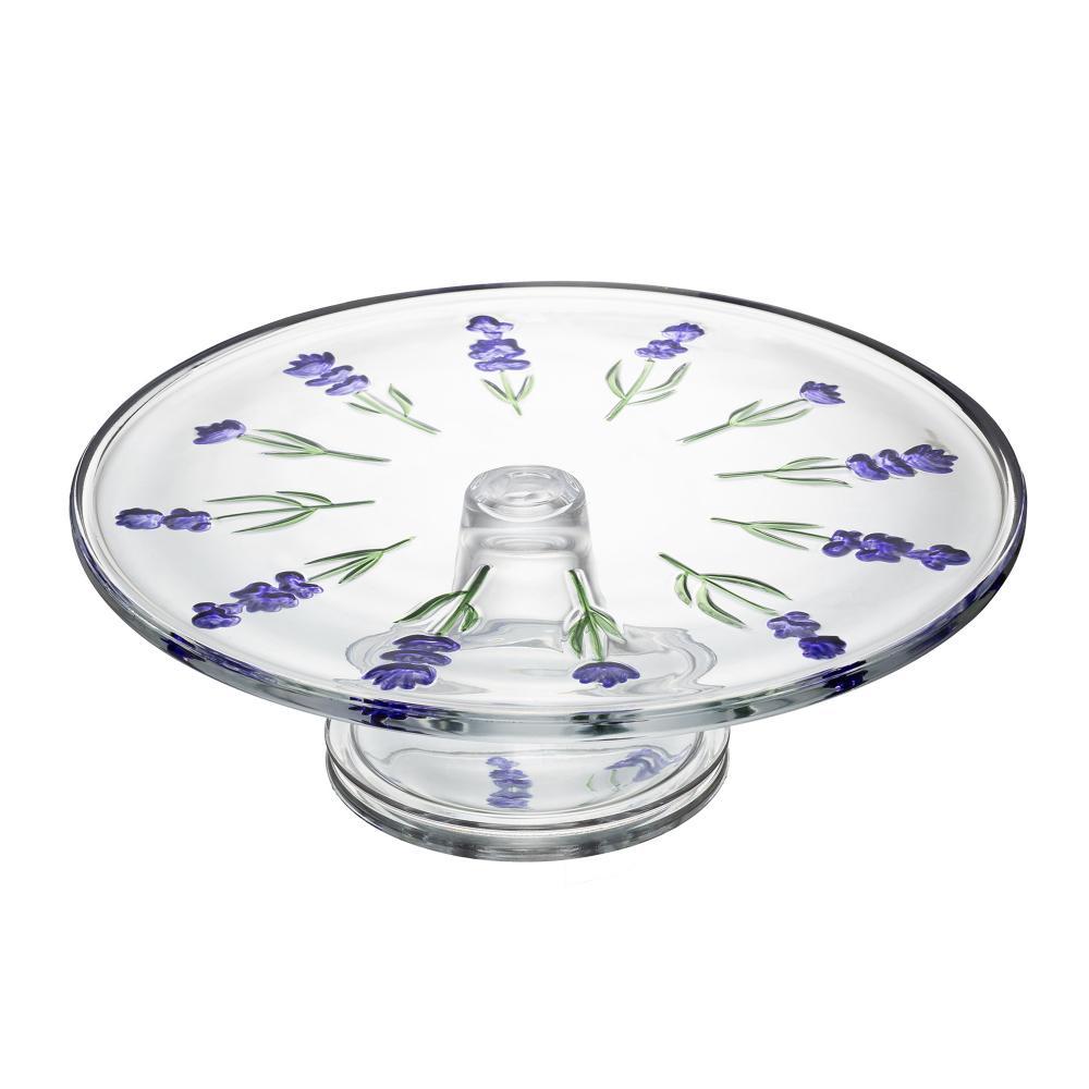 Prato para Bolo com Pé Lavanda Hand Painting 30cm Cristal Lyor para Mesa Posta Cozinha Decoração Sala Jantar Sofisticado
