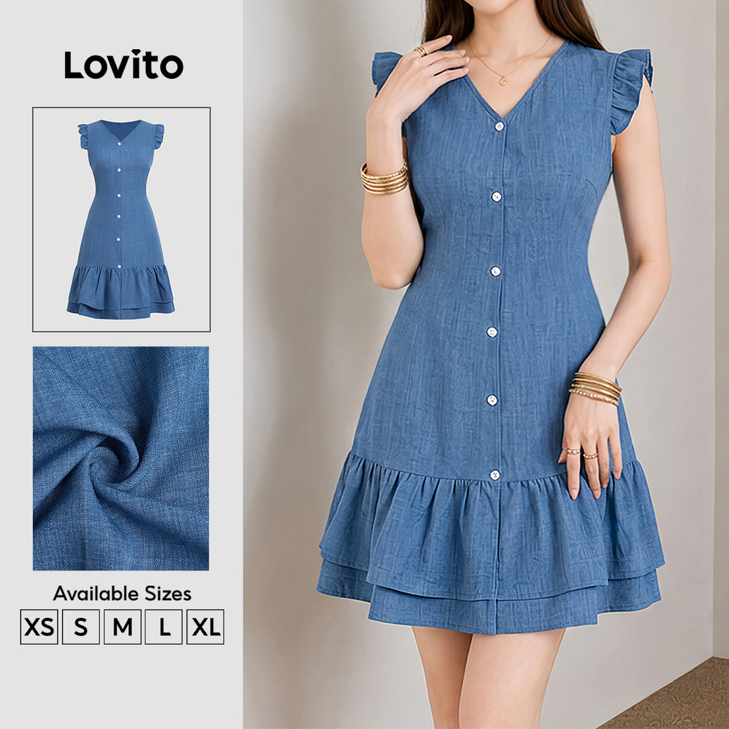 (New Arrival) Lovito Vestido Azulmarinho Elegante Com Botões E Costas Amarradas Curto E Evasê Para Trabalho Primavera/Verão Mulher DRB202P2D267