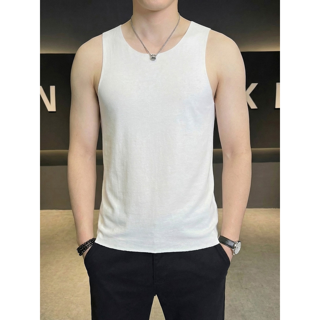 Colete sem costura masculino de verão, cor sólida, gola redonda, sem mangas, camiseta para jovens, esportes, camisa de f