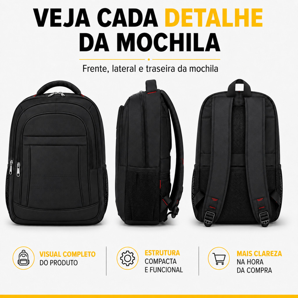Mochila Executiva Preta Reforçada 32l Anti Furto Confortável Feminina Masculina Viagem, Trabalho, Faculdade