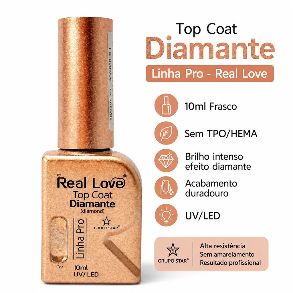 Top Coat Diamante Finalizador de Unhas Linha Pro 10ml - Real Love Selante Ultra Fino
