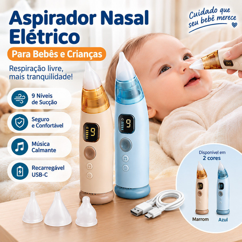 Aspirador Nasal Elétrico Bebê Infantil Recarregável 9 Níveis De Sucção 3 Bicos De Silicone USB-C