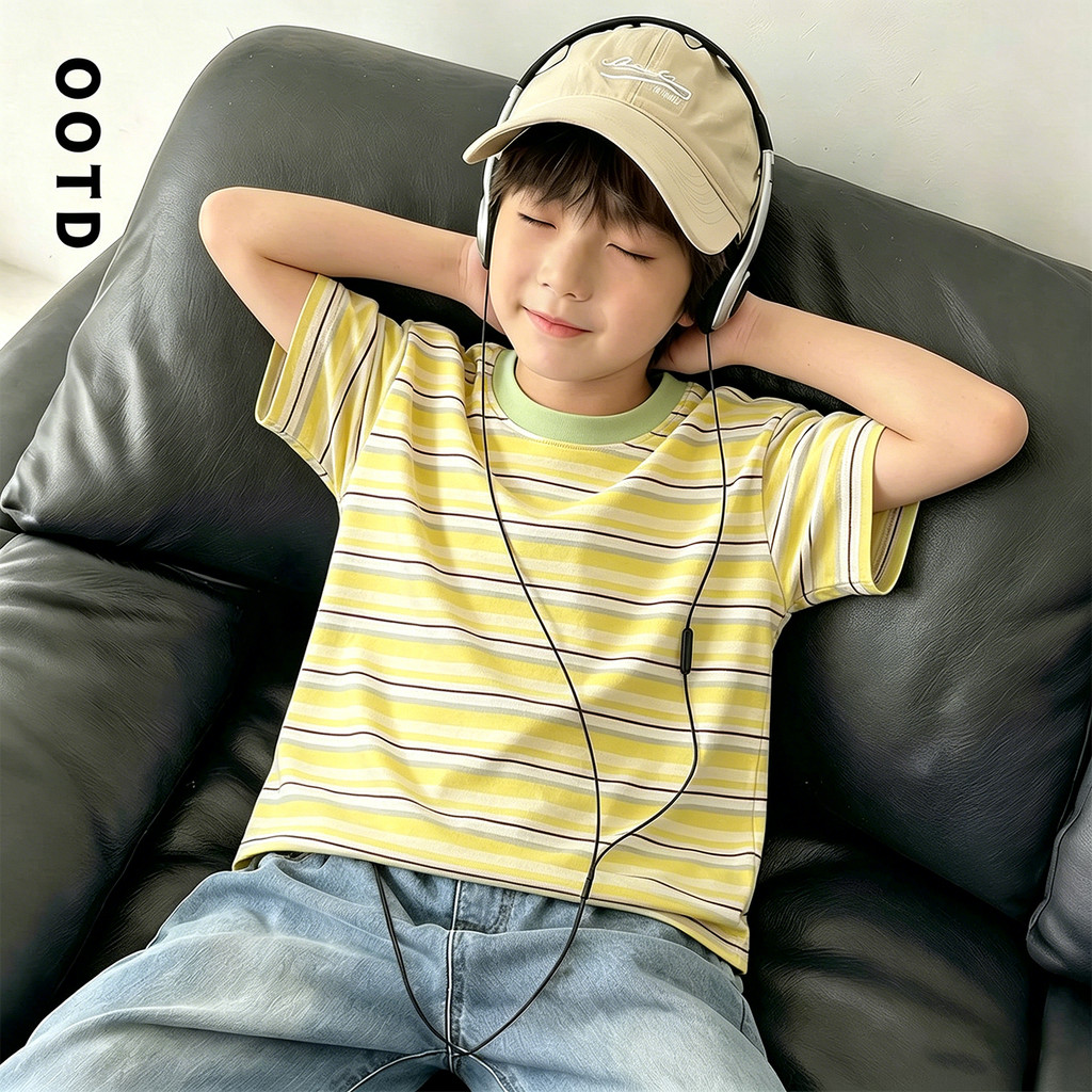 Crianças verão novo estilo meninos camiseta de manga curta 2026 pequeno médio crianças meninos listrado meia manga All-M