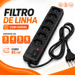 Filtro de Linha 3 4 5 6 Tomadas - Régua Elétrica 10A Tripolar com Interruptor