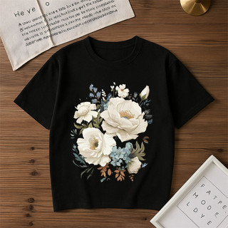 [Camiseta Premium em Algodão Puro]LA  Camiseta Básica Feminina Flores Brancas Tropical Confortável Blusa 100% Algodão La