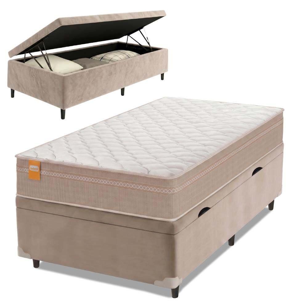 Cama Box Baú Solteiro Colchão Molas Qatar 88x188x63cm Bege/Branco Inducol - Suporta Até 200 Kg Por Pessoa