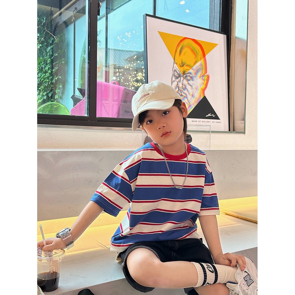 Crianças roupas meninos puro algodão listrado manga curta camiseta verão meninos bebê moda bonito em torno do pescoço Lo