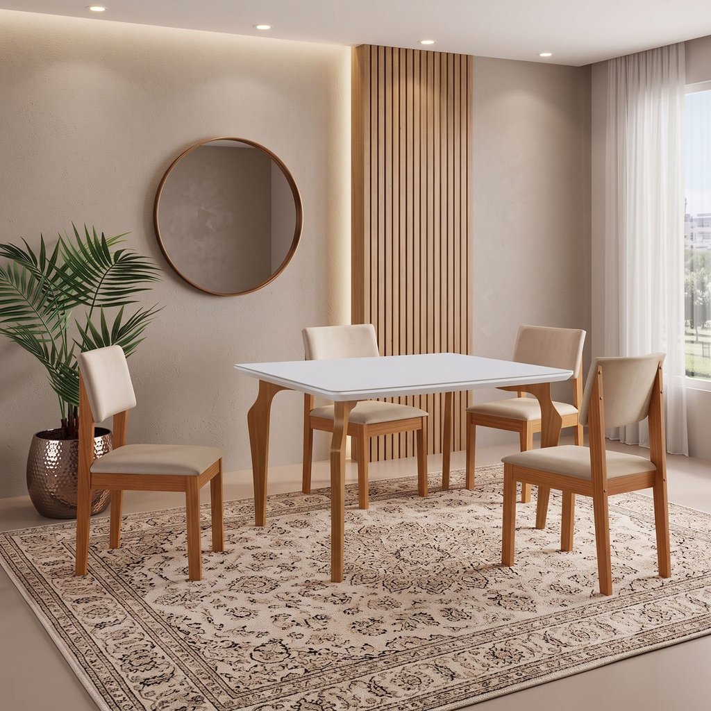 Conjunto Sala de Jantar Mesa Tampo Vidro/MDF com 4 Cadeiras Suede Marialice Cinamomo/Off White/Bege Cinamomo/Off