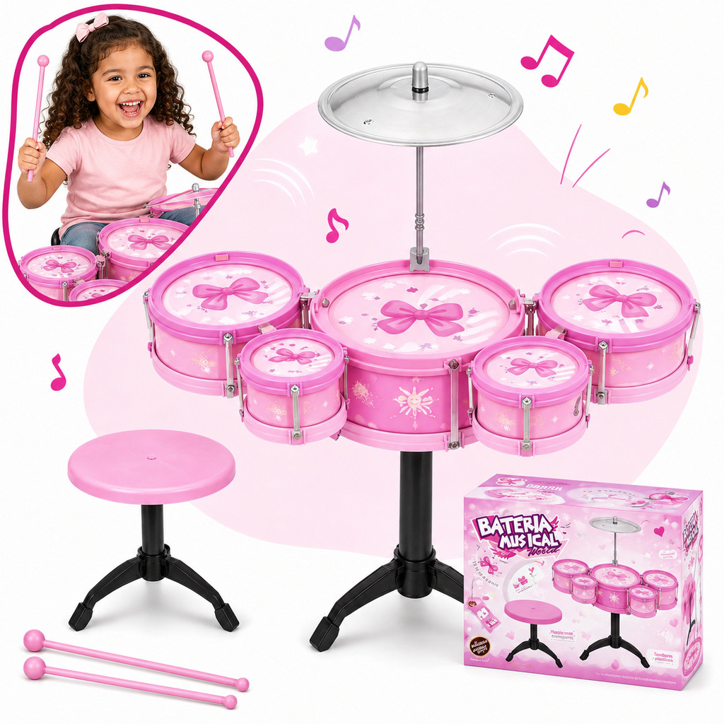Mini Bateria Infantil Completa Com Banquinho Instrumento Tambor Brinquedo Menino Criança Kizumba