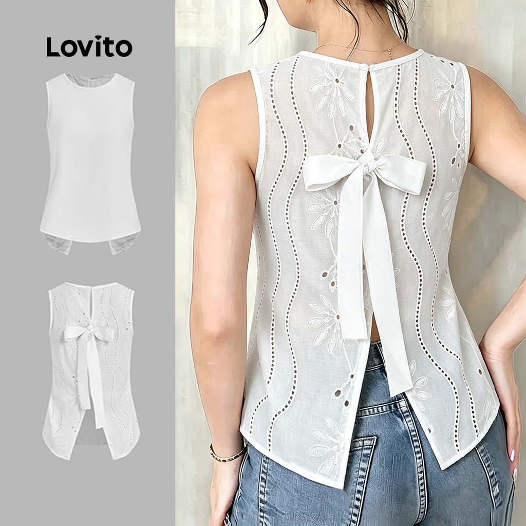 (New Arrival) Lovito Top Boho Feminino com Laço Traseiro e Pregas Branco Primavera/Verão TKK8P1D670