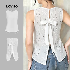 Lovito Top Boho Feminino com Laço Traseiro e Pregas Branco Primavera/Verão TKK8P1D670