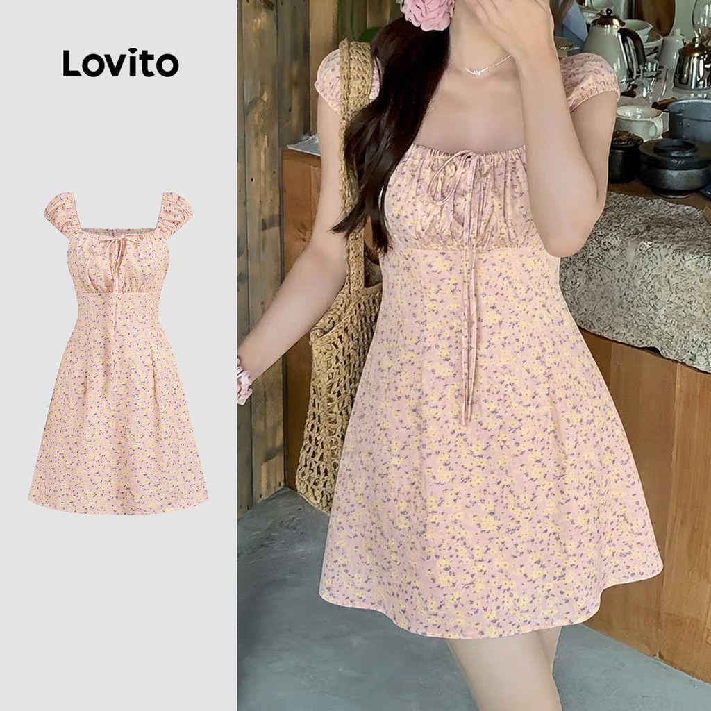 Lovito Vestido Casual de Renda Lazer Simples Vestido de Primavera/verão para mulheres Bordado DRB200TD074