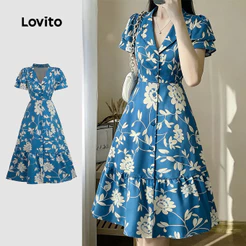 Lovito Vestido Casual Feminino com Botões e Babado Na Barra Zíper primavera/verão DRBR37BR185
