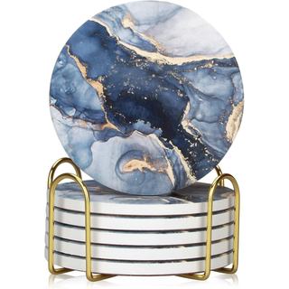 Conjunto De 6 Porta-Copos , De Cerâmica Abstrato Em Mármore Azul Marinho Com Suporte WXQV