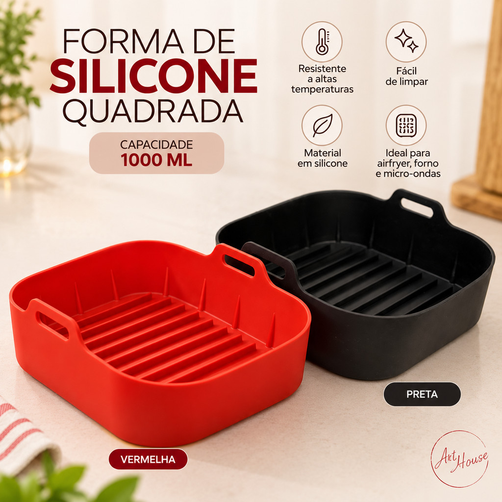 Forma Cesto de Silicone Quadrada 1000ml para Air Fryer Forno Micro-ondas Reutilizavel com Alças Cozinha