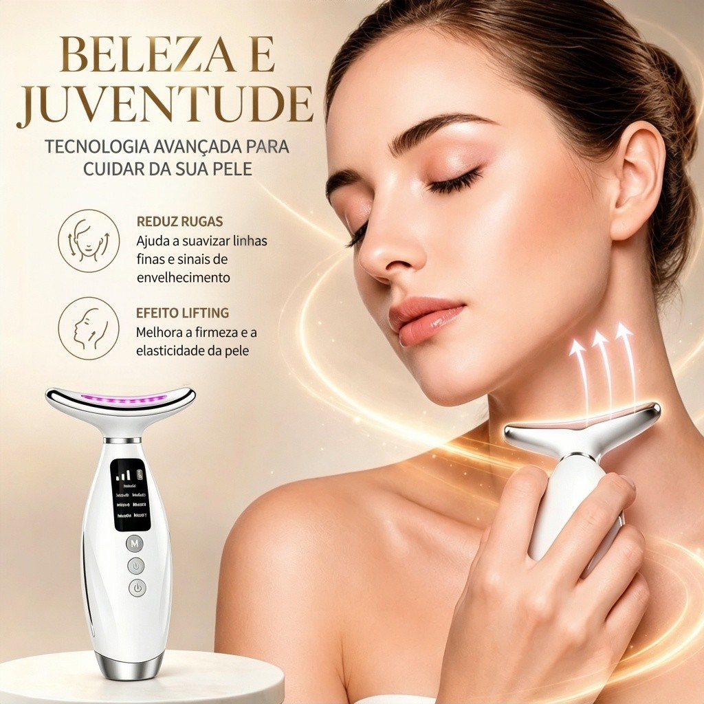 Massageador Facial Pescoço 7 Cores LED Aquecimento Vibração Anti Rugas Firmeza Pele Portátil Rejuvenescedor