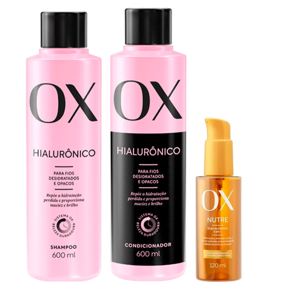 Kit OX Hialurônico Shampoo 600ml + Condicionador 600ml + Óleo Capilar Nutritivo 3 Em 1 120ml