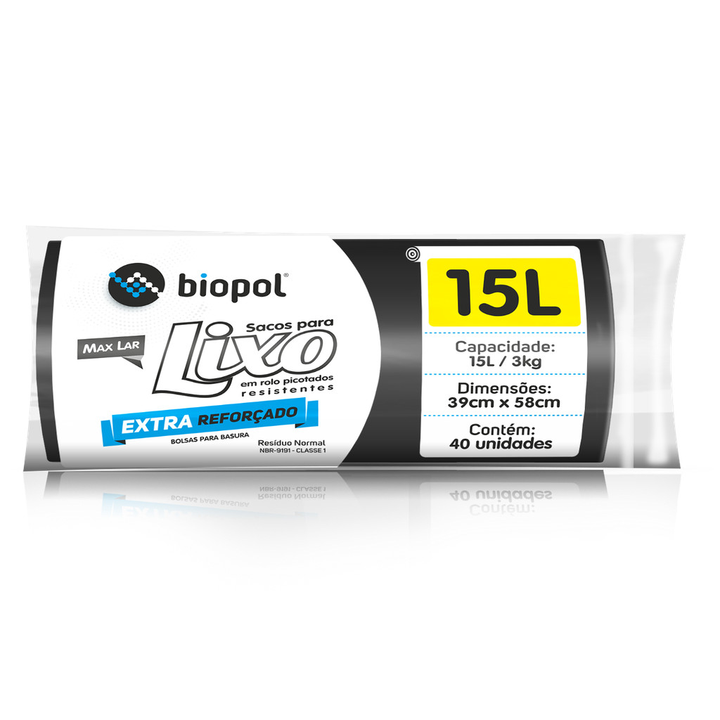 Saco de Lixo Maxlar Extra Reforçado Biopol Preto 15L com 40Un