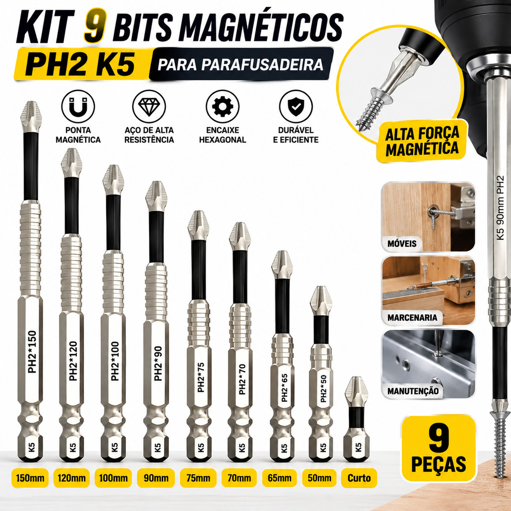 Kit 9 Bits Magnéticos PH2 K5 Para Parafusadeira resistentes a impacto