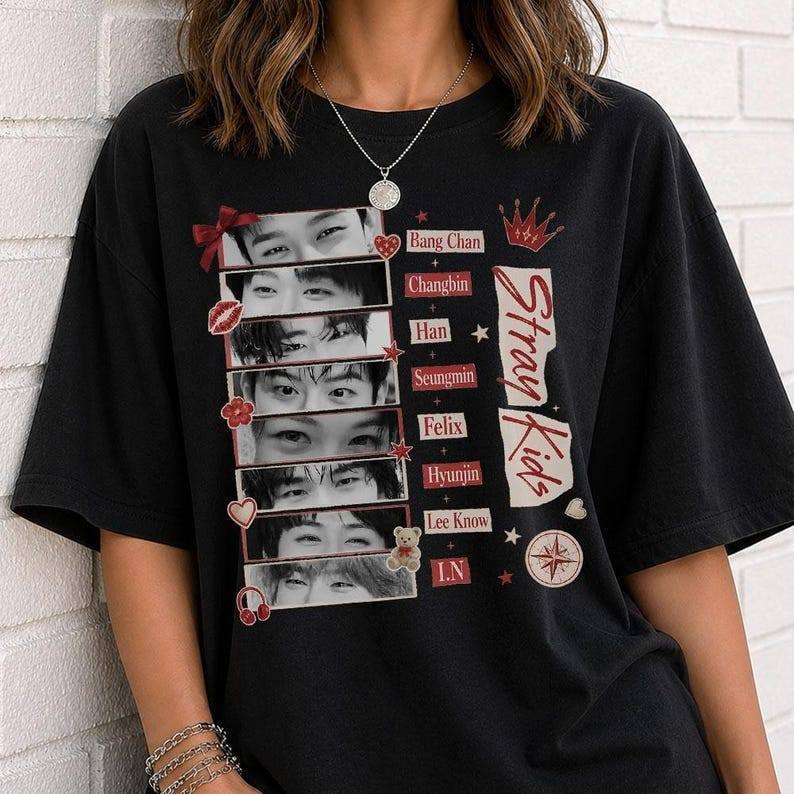 Camiseta Feminina Masculina Stray Kids Membros Olhos Estampa Collage Kpop Presente de Fã Confortável Linda Moda Feminina