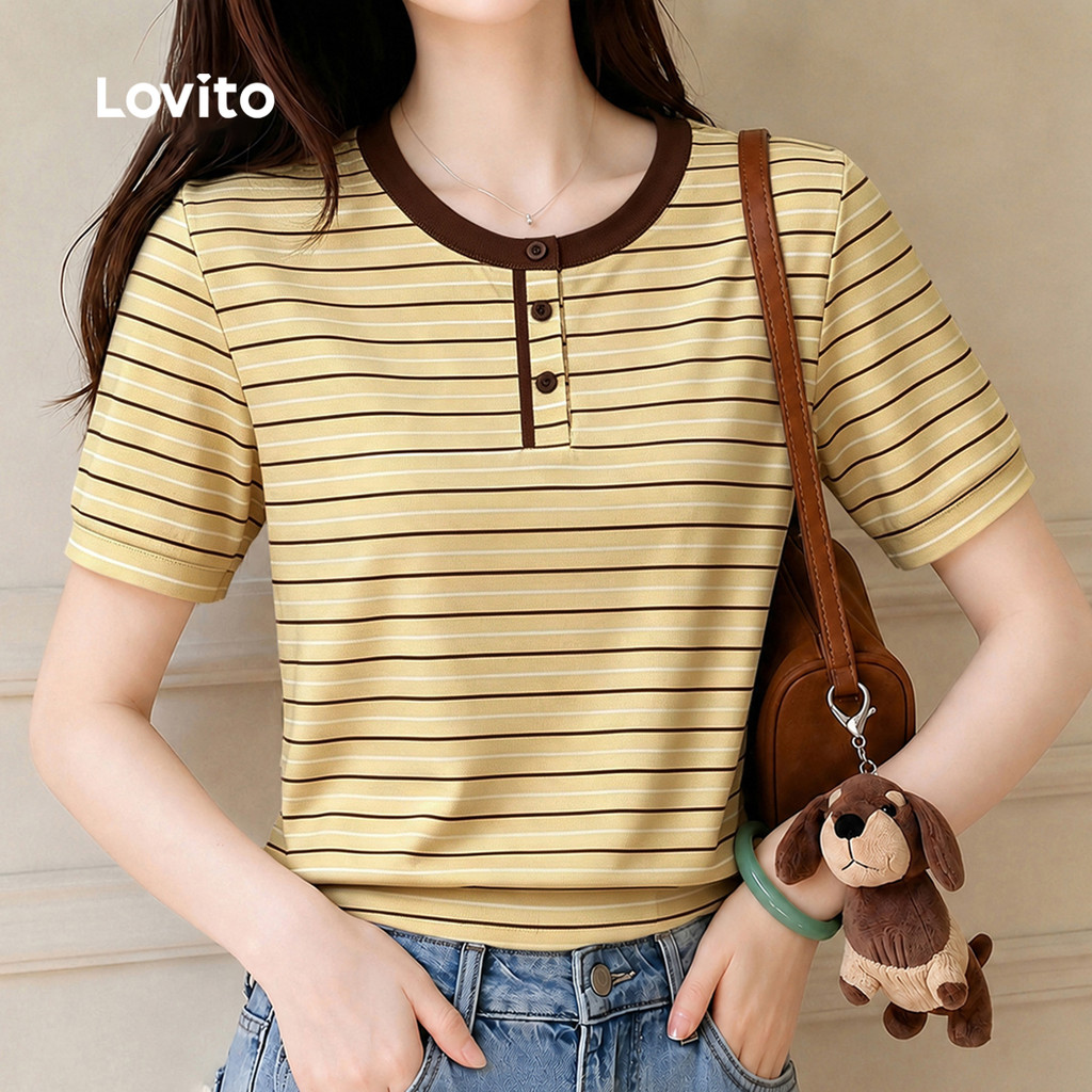 Lovito Camiseta Elegante Blocos de Cores Botões e Sensação de Linhas Amarelo Claro TSK8P2D643
