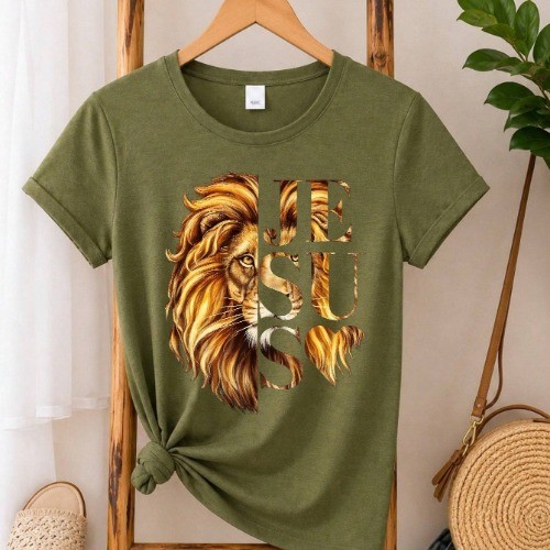Camiseta Gospel Blusa Feminina Oversized JESUS Leão Dourado Estampada 100% Algodão Religiosa Cristã Igreja Culto