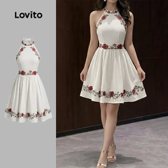 Lovito Vestido Casual com Laço Amarrado Primavera/verão Branco para Mulheres Bordado DRK8P1D687