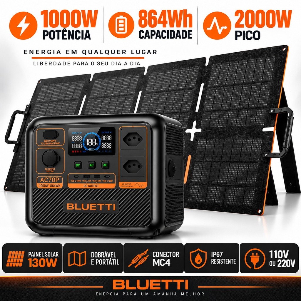 BLUETTI Painel Solar Portátil 130W Dobrável MC4 ou Kit AC70P 1000W 864Wh LiFePO4 110V 220V