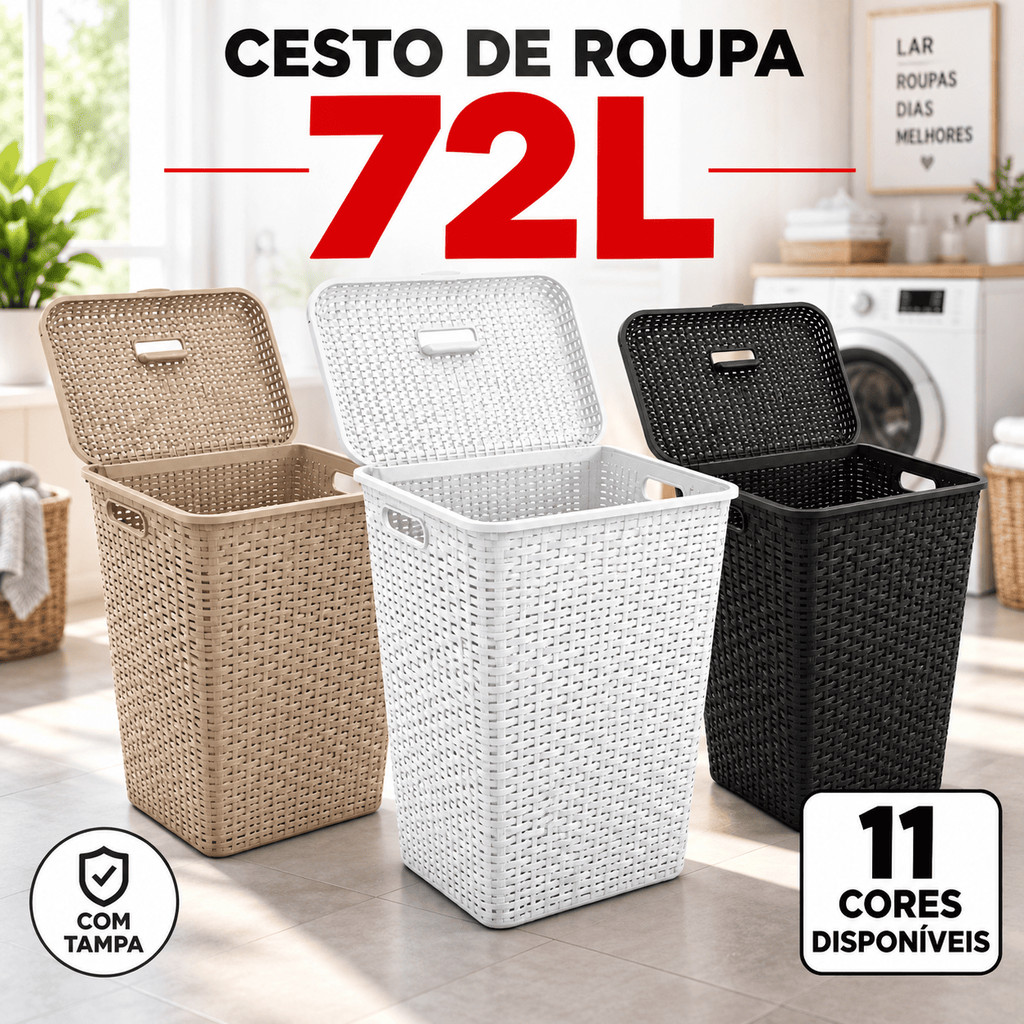 Roupeiro Cesto Roupa Suja 72L Rattan Gigante com Tampa e Alças Lavanderia Banheiro Quarto Família Resistente