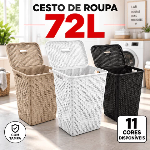 Roupeiro Cesto Roupa Suja 72L Rattan Gigante com Tampa e Alças Lavanderia Banheiro Quarto Família Resistente