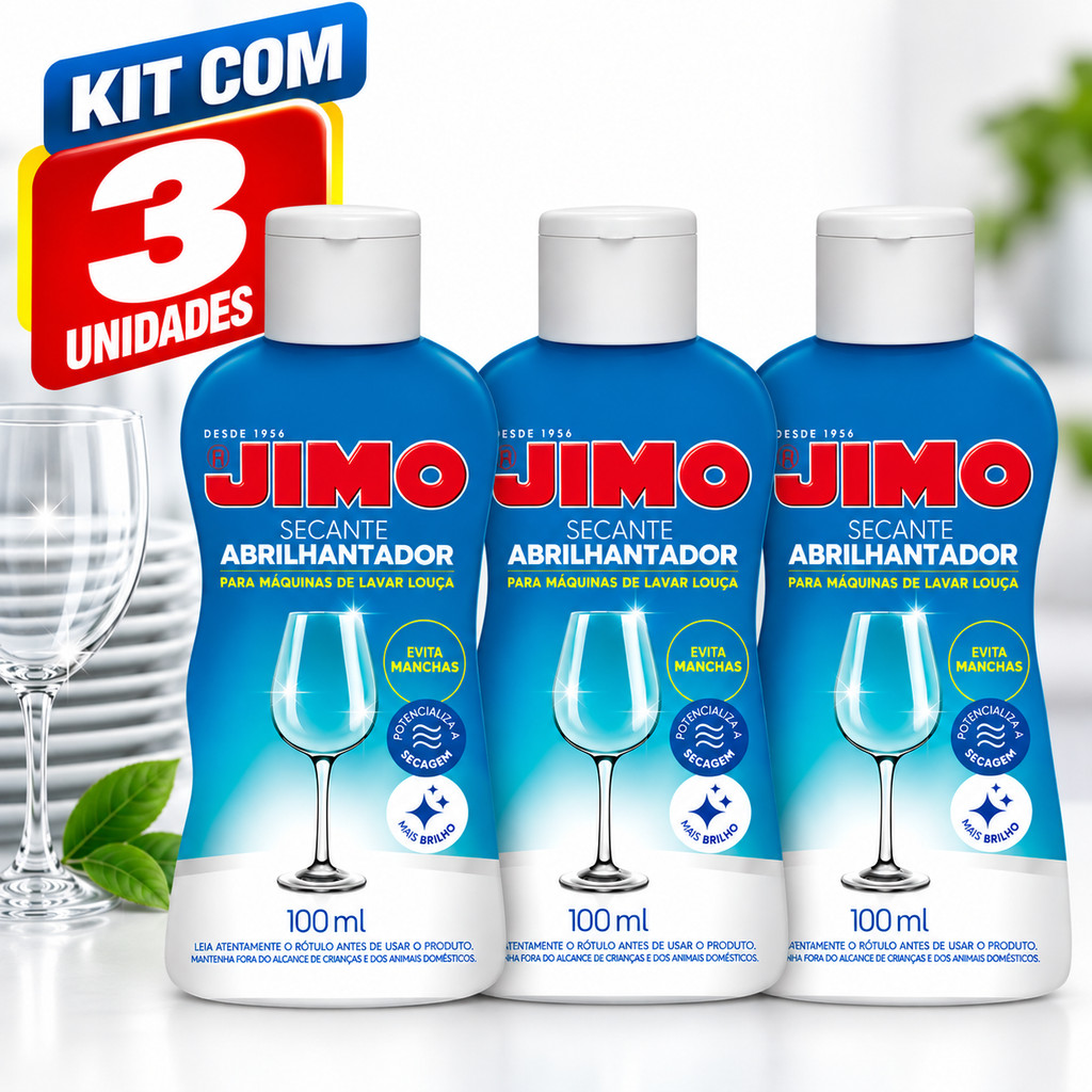 Kit 3 Secante Abrilhantador Jimo 100ml – Para Máquina de Lavar Louças, Brilho Intenso e Secagem Rápida