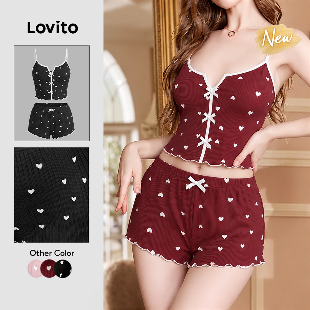 (New Arrival) Lovito Conjunto De Pijama Casual Com Estampa De Coração Babados E Textura Canelada Estilo Sexy Para O Natal Com Estampa Colorblock Vinho Para Mulheres PSNS150P1D903
