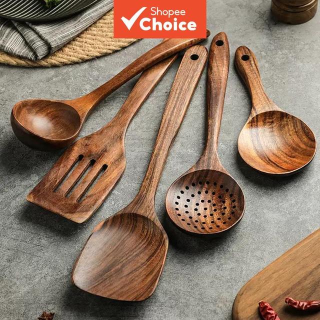 Conjunto de utensílios de cozinha de madeira com 5 peças, espátula, colher, espátula e pinças para servir, antiaderente