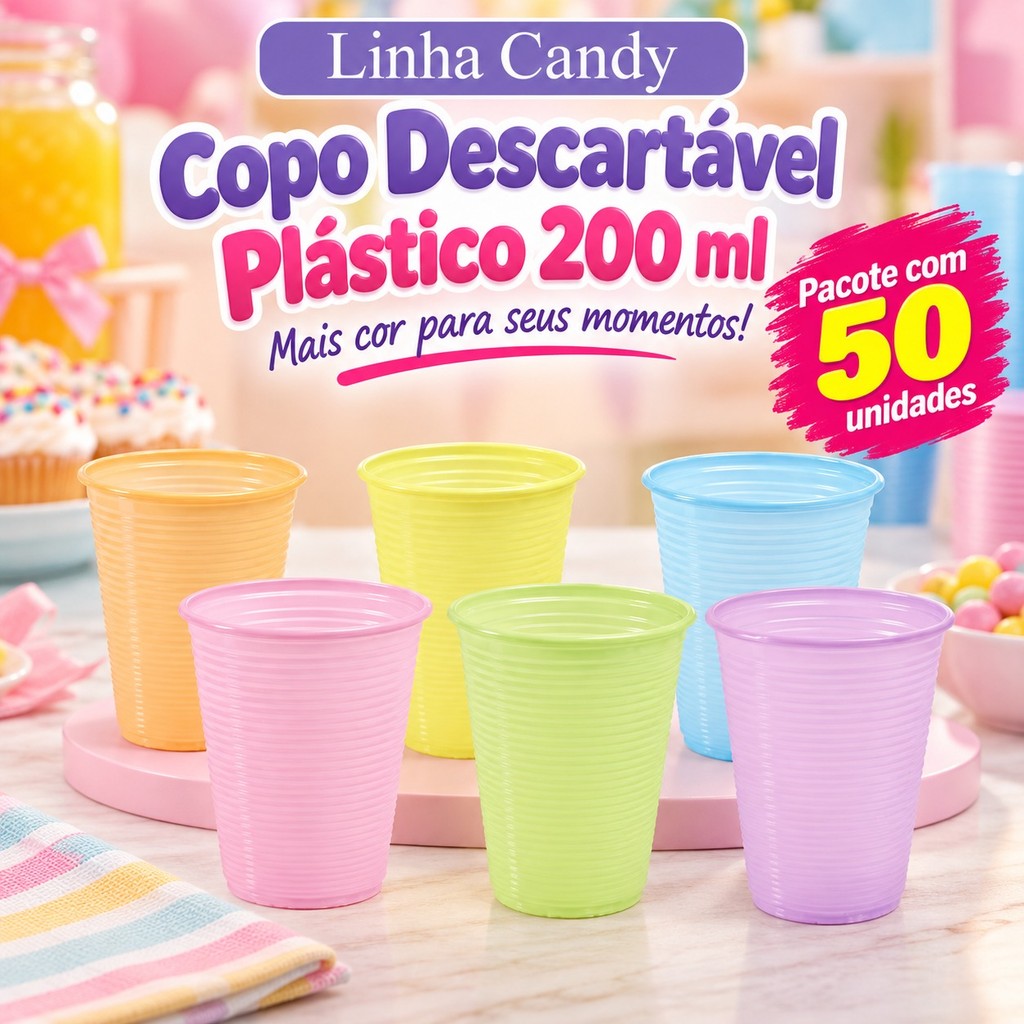 Copo Descartável Plástico 200 ml Candy - Pacote com 50 unidades - Artimagem