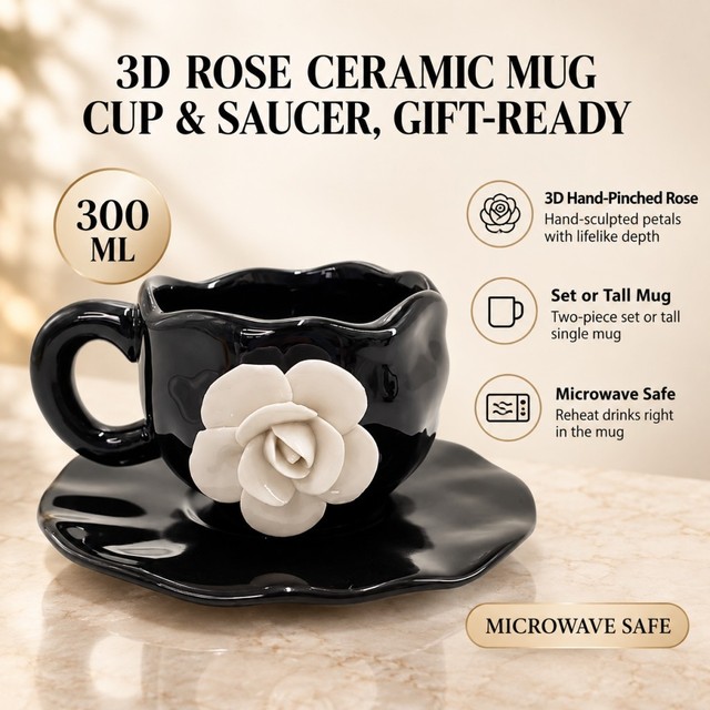 Caneca De Café De Cerâmica Rosa Branca Esculpida Em 3D Conjunto De Xícara De Chá E Pires Com Esmalte Reativo Preto Alta