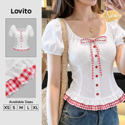 (New Arrival) Lovito Blusa Branca Feminina Xadrez Casual Manga Curta Gola U amarração Barra Ondulada primavera/verão BLK10P1D031
