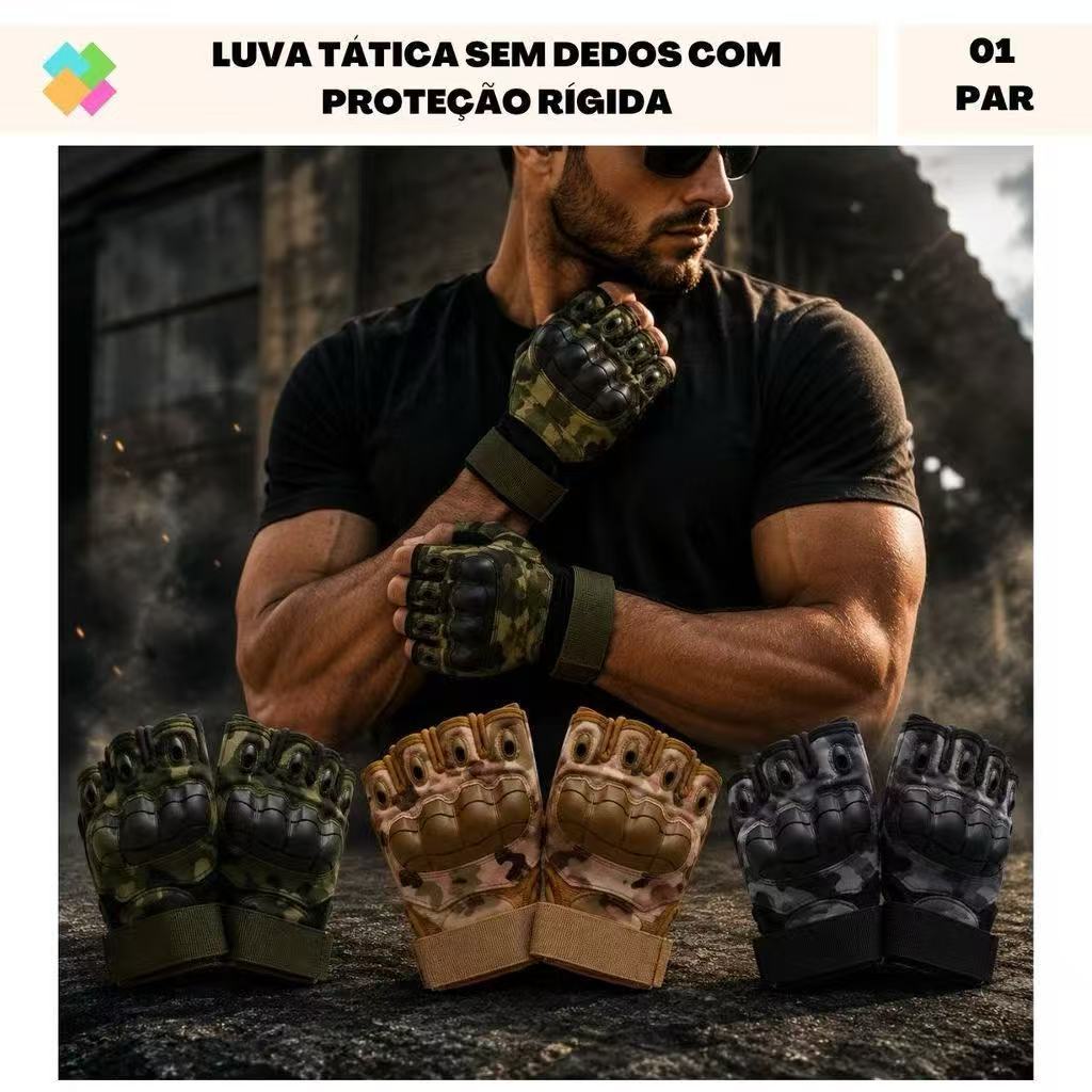Luva Tática Meio Dedo Proteção Rígida, Luva de Moto, Ciclismo, Trilha e Esportes ao Ar Livre Unissex