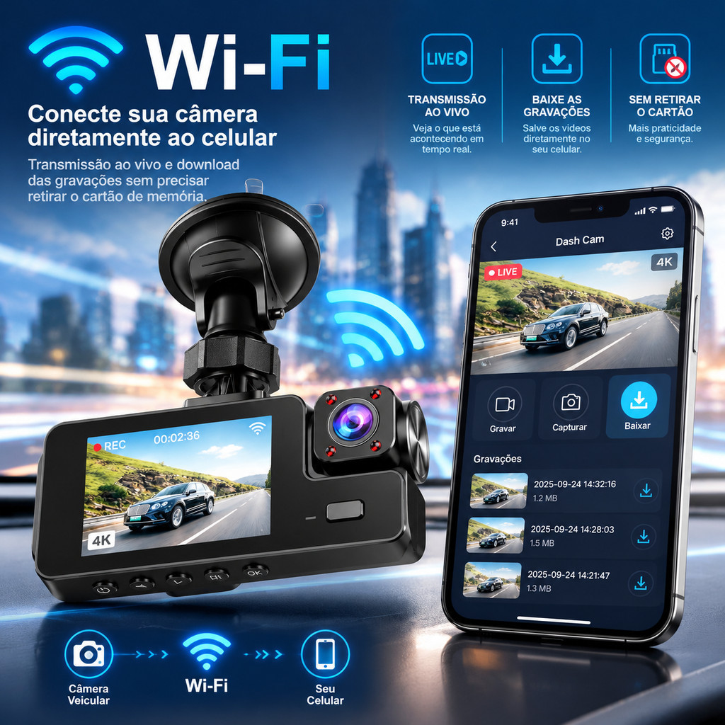 Câmera Veicular 3 Canais Dash Cam Wi-Fi Full HD 1080P Frontal Interna Traseira Visão Noturna Tela LCD
