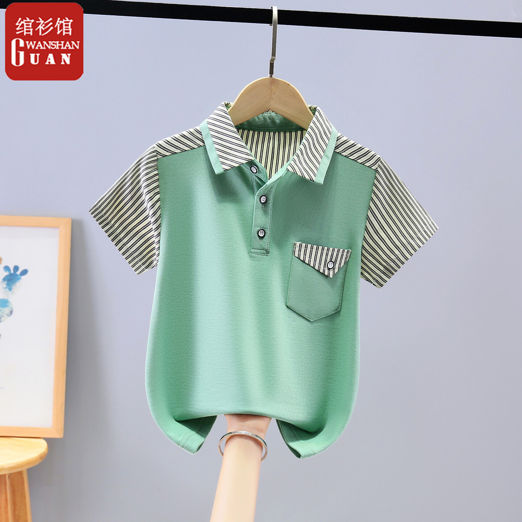 2026 verão novo estilo meninos listrado manga curta camiseta lapela bonito camisa POLO grandes meninos crianças bolsos