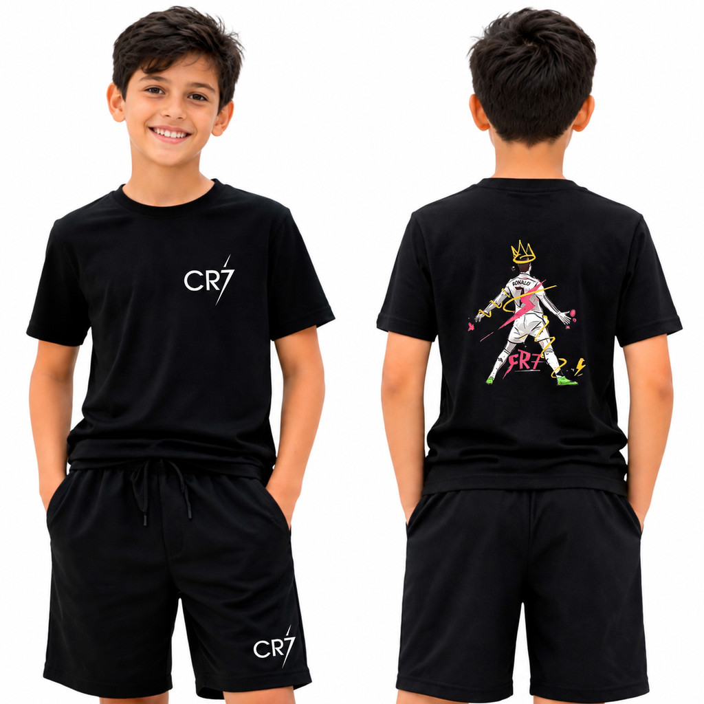 Conjunto Infantil CR7 Cristiano Ronaldo Camiseta + Bermuda Moletom Kit 2 Peças Menino
