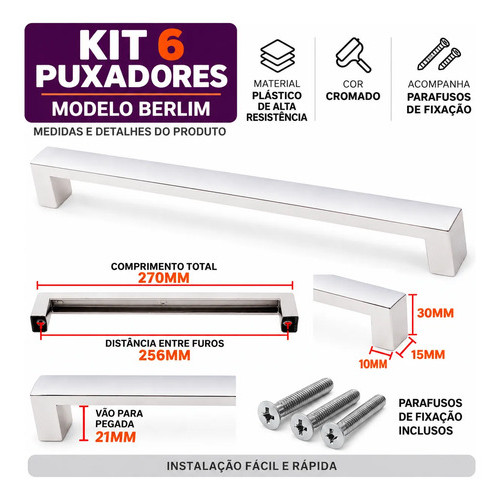 Kit 6 Puxador 256mm Móveis Gaveta Porta Armário Roupeiro Cromado Alça / Berlim
