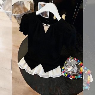 Versão coreana moda Design suave costura de manga curta camiseta feminina verão novo estilo luz luxo nicho temperamento 